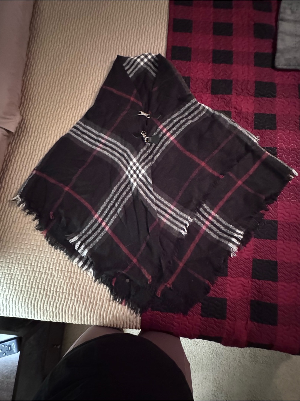 Fraas Black Plaid Fringe Wrap Poncho with Silver and Red Stripes NWT